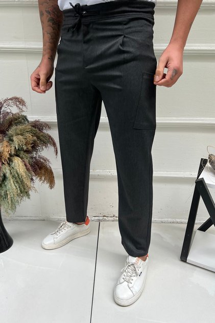 Men's Anthracite Fabric Trousers with Elastic Waist, Lace-Up, Pleated, Cargo Pockets, Relaxed Fit