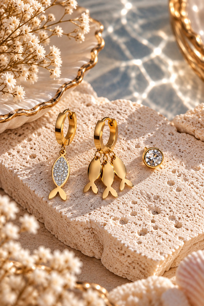 Balık Charm Sallantılı 3'lü Çelik Küpe Seti (Gold Renk)