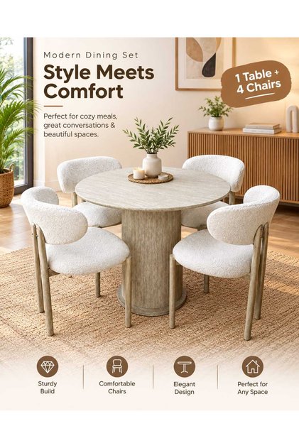 Modern Round Dining Table Set (100×100×75cm) with 4 Upholstered Chairs, Wooden Pedestal Base, Elegant Contemporary Dining Furniture for Home, Kitchen & Dining Room