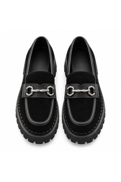 Velora Genuine Leather Black Suede Women's Loafer Shoes – Warm Lined, Lightweight Eva Thick Sole, Metal Buckle Winter Moccasins