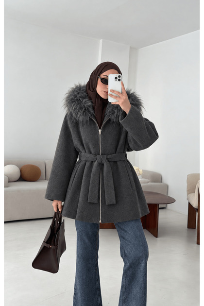 Fur Collared Cashmere Coat - 4774 - Anthracite