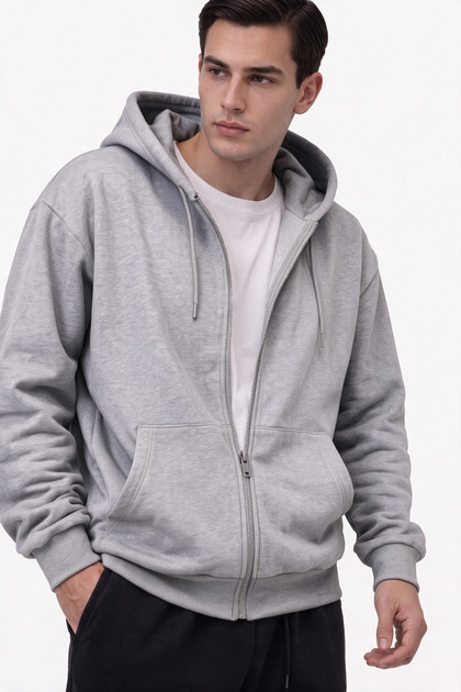 Men's Gray Melange Hooded Zipper 3 Three Thread Fleece Kangaroo Oversize Cardigan Zip up Hoodie