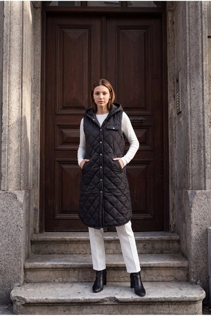 Women's Long Snap Closure Hooded Quilted Puffer Vest