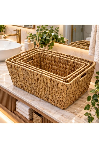 Rectangular 3 Mega Size Handmade Knitted Deep Wicker Basket Set with Handles Multi-Purpose Organizer