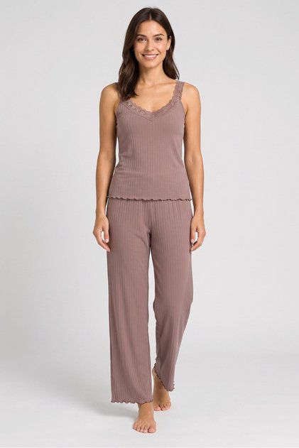 Women 2 Pieces Textured Top And Bottom Pajama Set, Brown