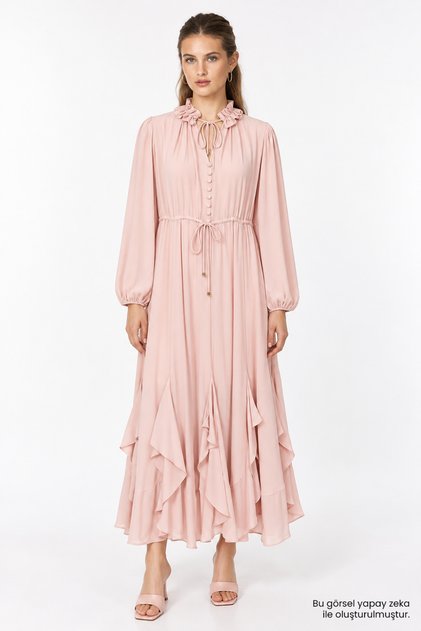 Waist-Tied Ruffle Collar Flounce Regular Chiffon Dress