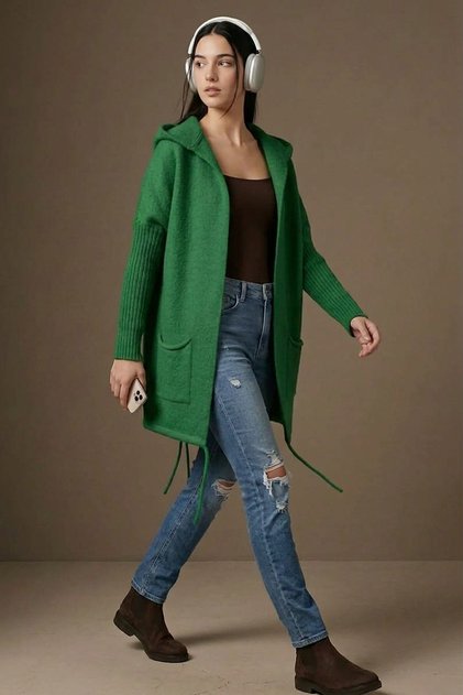 Gret Oversize Soft Textured Hooded Back Skirt Slit and Lace Detailed Low Sleeve Knitwear Women's Cardigan & Jacket - Green