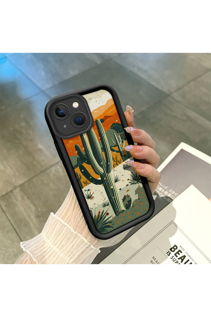 iPhone 13 Compatible Black Silicone Camera Protected Shock Absorbing Protective Case with Cactus Pattern