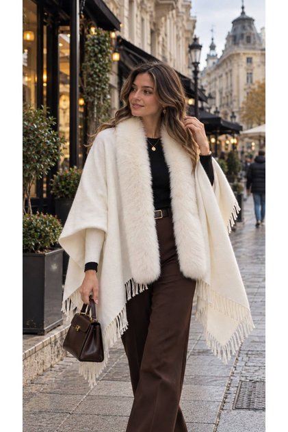 White Faux Fur Tasseled Women's Shawl Poncho