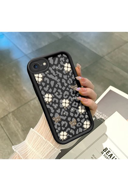 iPhone 7/8/Se 2020 2022 Compatible Black Silicone Camera Protected Shock Absorbing Protective Case with Lucky Four-Leaf Clover Pattern