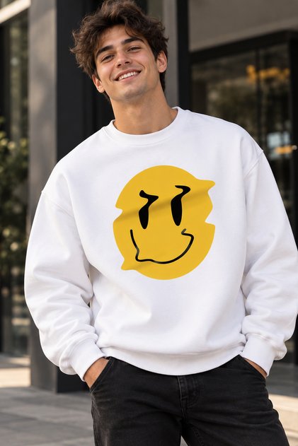 Yellow Smiley Face Smile Printed Unisex Oversize Sweatshirt – Crew Neck Casual Sweatshirt