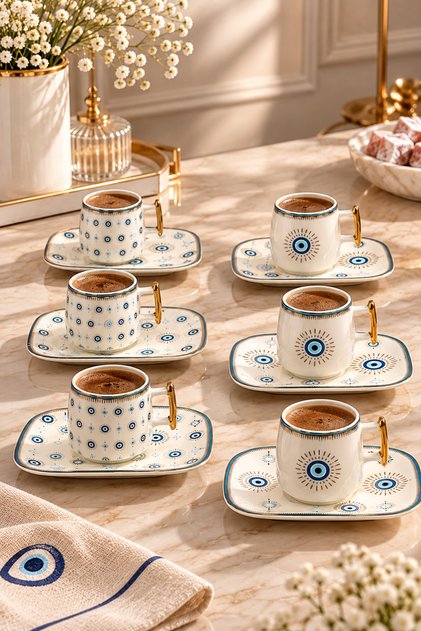Acar 6-Person Luxury Presentation Plate Porcelain Evil Eye Coffee Cup Set 100ml