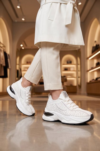 Anorak Knitted Stone Embroidered Sneaker White Lightweight Comfortable Sole Women's Casual Walking Shoes K252-0045-00