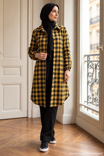 Long Plaid Lumberjack Shirt Tunic Yellow Hm2972