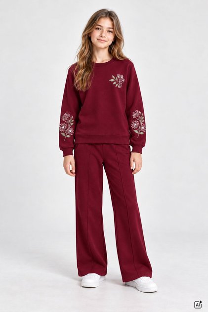 Burgundy Girls' Wide Leg Tracksuit Set with Floral Embroidery on Sleeves, 3 Yarns, Embroidered, Wide Leg, 25007
