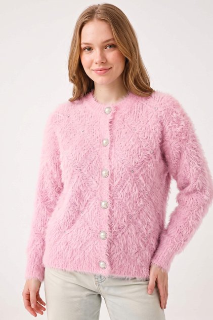Women's Pink Stone and Pearl Buttoned Furry Cardigan