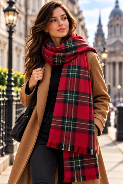 Noelle | Women's Winter Shawl With Scarf 70x180 cm | Red, Burgundy, Green, Navy Blue, Scottish Plaid Checked Pattern, Soft Tasseled Shoulder Shawl