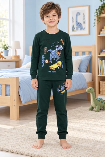 Boy's Pajama Set, 100% Cotton, Long Sleeve, 30/1 Combed Single Jersey, Green