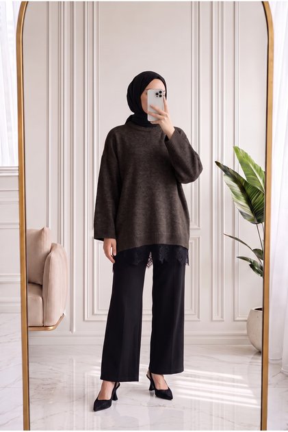 Samira Altı Strick-Tunika mit Spitzendetail-KR6006 Braun