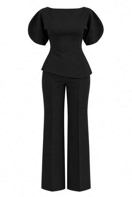 Black Balloon Sleeve Asymmetrical Blouse Pants Set - 2Y25194