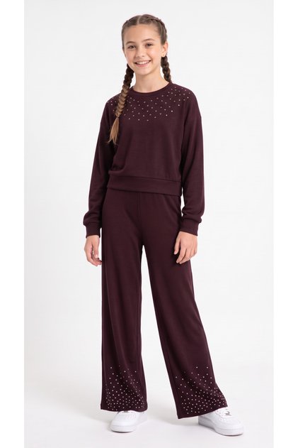 Top and Bottom Pants Stone Printed Girls' Top and Bottom Tracksuit Set