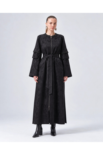 6045 Full-Length Zipper with Pocket and Belt Details Cap Black