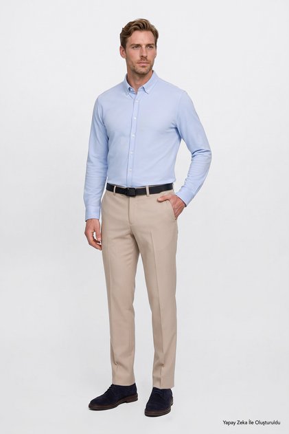 Erkek Bej Slim Fit Dar Kesim Klasik Yan Cep Pantolon