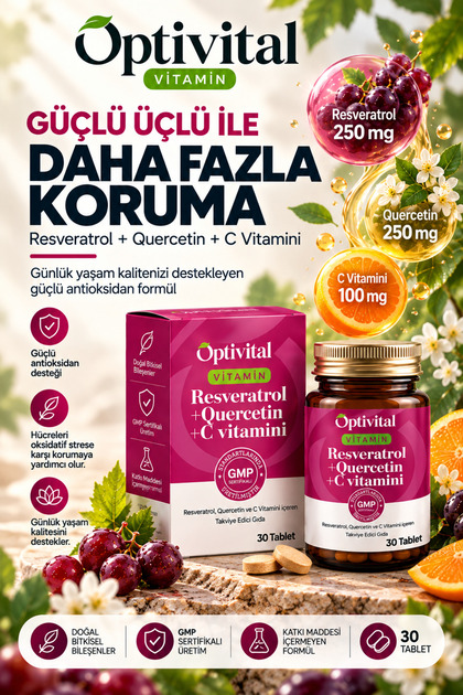 Resveratrol + Quercetin + C Vitamini Takviye Edici Gıda Tablet(30'lu)