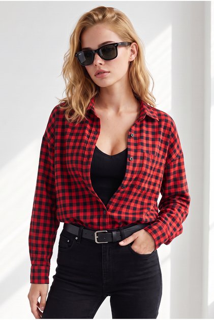Women's Red Black Mini Plaid Loose Fit Shirt Gml-19001463