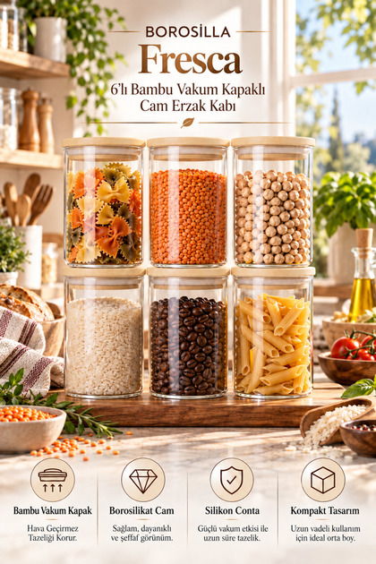 Fresca - 6'lı Borosilikat Cam Saklama Kabı 1000ml – Vakumlu Bambu Kapaklı Baharatlık Kavanoz
