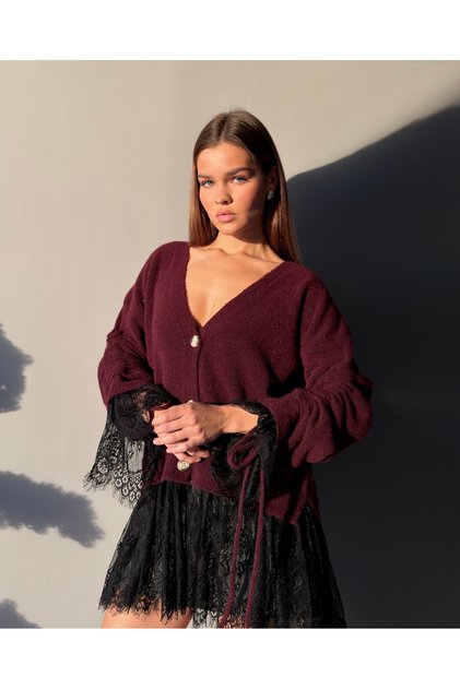 Soft Textured V-Neck Cardigan with Lace Skirt and Sleeves