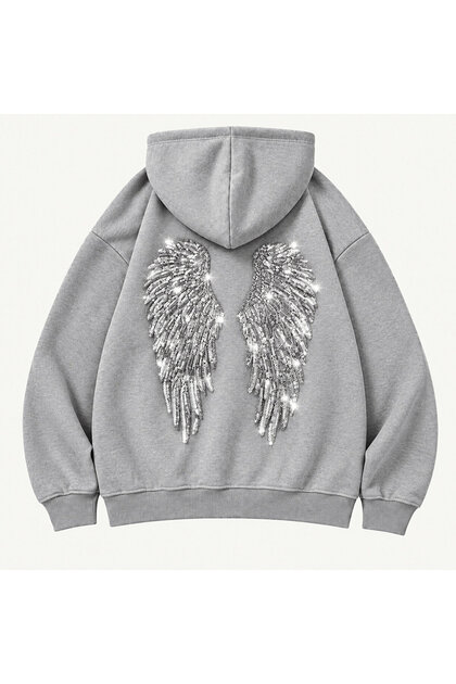 Wing Glitter Sequin Embroidered Oversize Hoodie