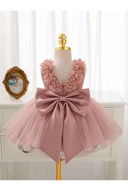 Baby Girl/Kid Princess Dress - 3D Floral Strap Tutu Dress with Big Bow on the Back - Birthday, Engagement, Special Occasion Outfit