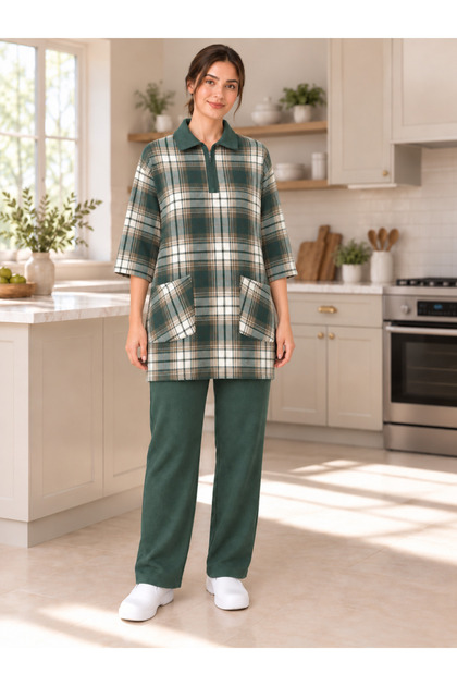 Spring Housewife's Set Plaid Blouse Front Pockets Solid Color Pants 2 Piece Set