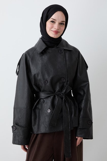 Crocodile Leather Pattern Look Lined Black Jacket