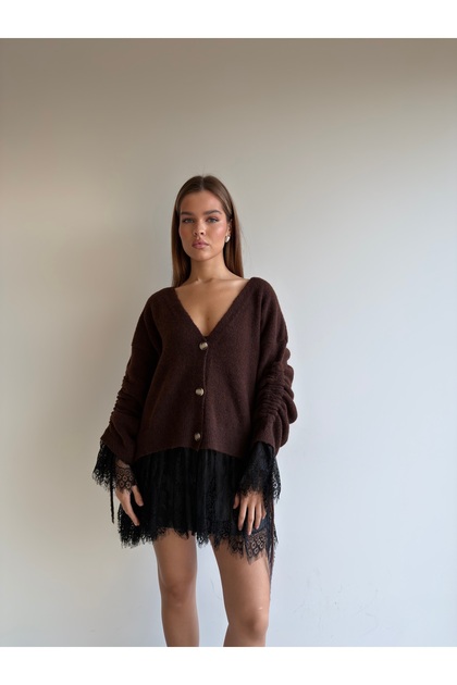Soft Textured V-Neck Cardigan with Lace Skirt and Sleeves