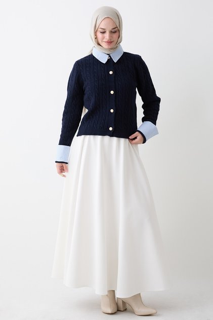 Knitted Patterned Navy Blue Knitwear Cardigan