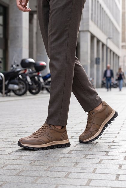 Comfortable Memory Sole Sneaker Brown Rubber Laced Men's Casual Walking Shoes Tough