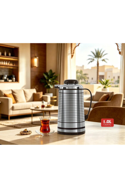 1L Tea & Coffee Thermos Flask, Insulated Arabic Coffee Serving Jug with Handle – Silver & Brown