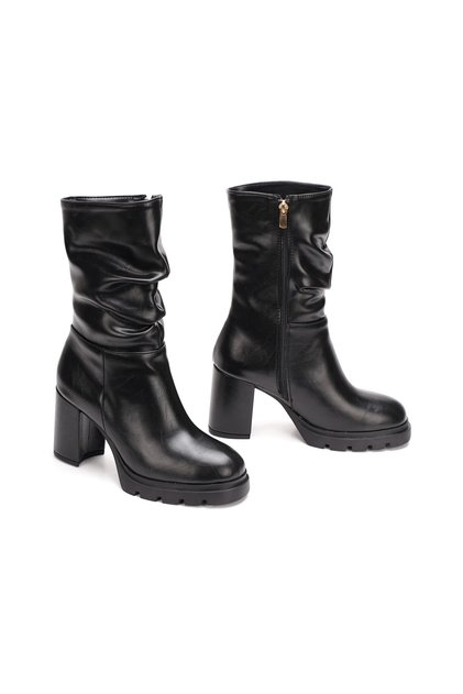 Women's Black Bellows-Style Thick-Heeled Comfortable and Stylish Boots with Thick Serrated Soles