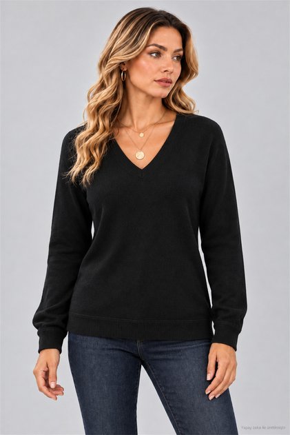Women's Long Sleeve V-Neck Soft Textured Knitwear Blouse Basic Relaxed Fit Casual Stylish Sweater Blouse