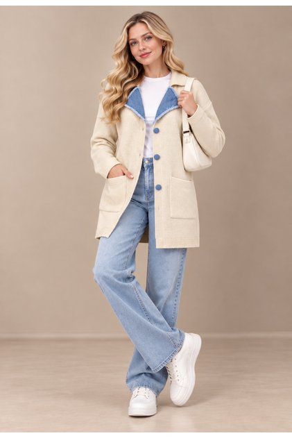 New Season Collar-Jeans-Detail Pique Knitwear Cardigan
