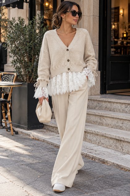 Women's Lace Detailed Buttoned Sleeves Lace-Up Soft Textured Short Knitwear Cardigan