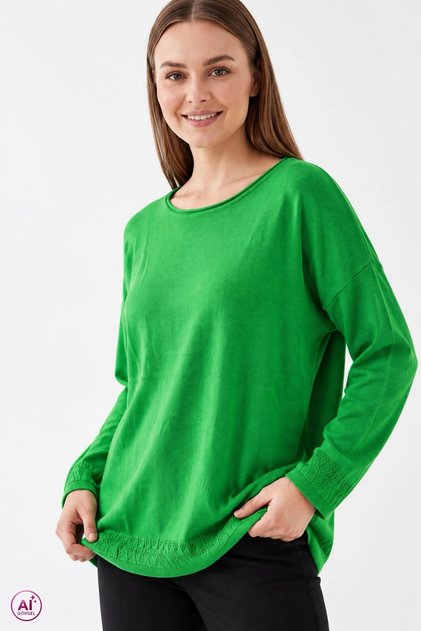 Women's Green Large Size Boat Neck 100% Cotton Thread Knit Thin Knitwear Blouse with Openwork Sleeves and Hem
