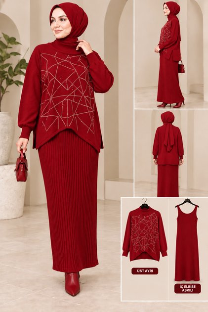Women's Hijab Knitwear Skirt Set Stone Embroidered High Neck Long Skirt Two-Piece Combination
