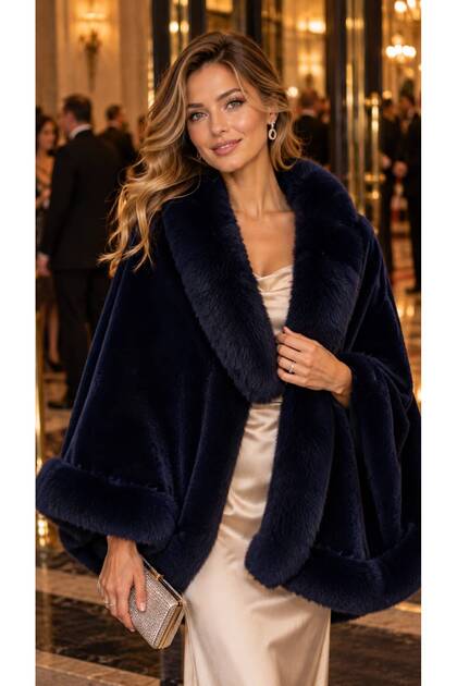 Navy Blue Premium Faux Fur Woven Women's Poncho