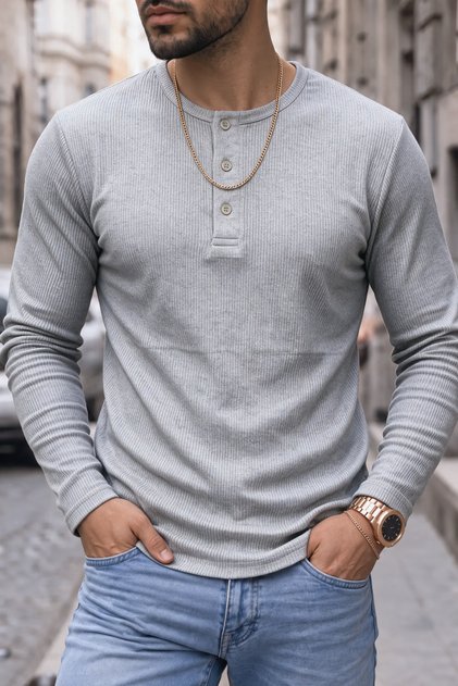 Men's Gray Henley Collar Long Sleeve T-Shirt with Three Button Placket Ribbed Regular Fit T-Shirt