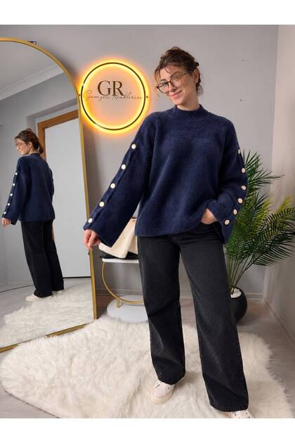 Women's Gold Button Detailed Soft Sweater Turtleneck Oversize Standard Size - Gülce