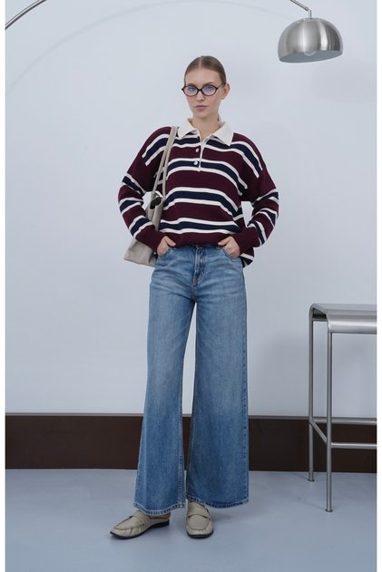 Women's Burgundy Navy Blue Striped Polo Collar Sweater