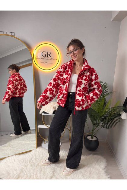 ÇİÇEKLİ Teddy Biyeli Dik Yaka Oversize Peluş Ceket Tam fermuarlu - mzr